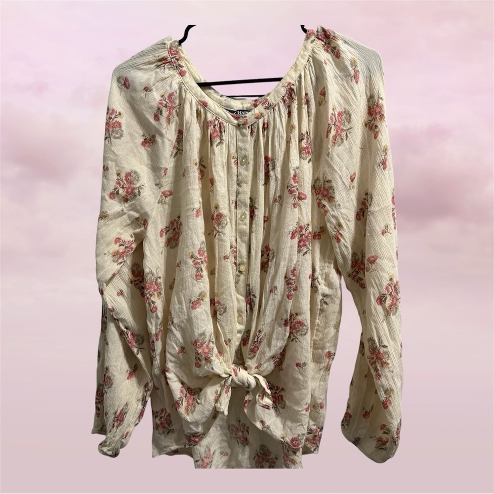 Chaps Cream Long Sleeve Button Blouse with Pink Floral Tie Front Detail size XL